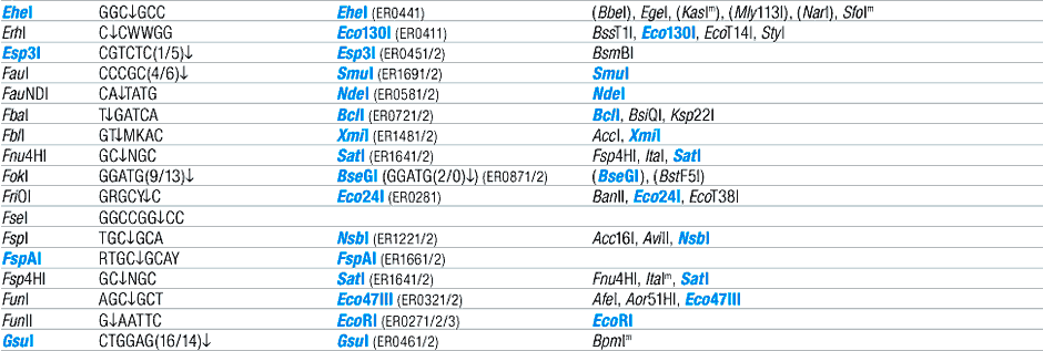 Alphabetic List of Commercial Isoschizomers and Corresponding Fermentas Restriction Endonucleases (E, F, G)