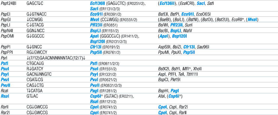 Alphabetic List of Commercial Isoschizomers and Corresponding Fermentas Restriction Endonucleases (P, R)