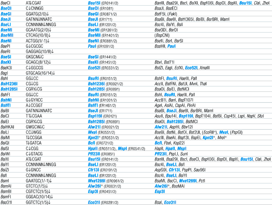 Alphabetic List of Commercial Isoschizomers and Corresponding Fermentas Restriction Endonucleases (B)